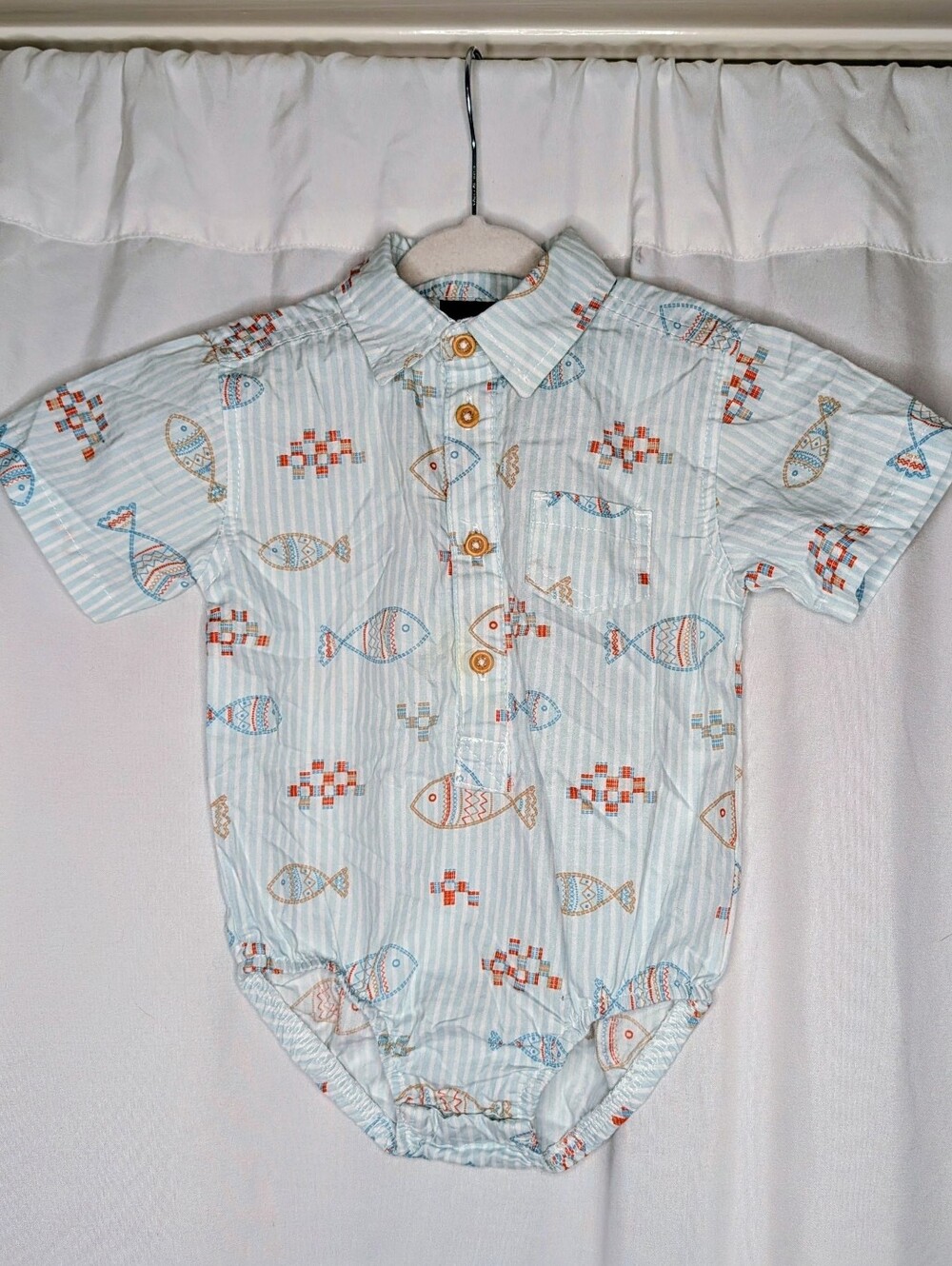picapino Baby Boy Fish Print Light Blue Striped Bodysuit Romper 6/9M 6-9 Months